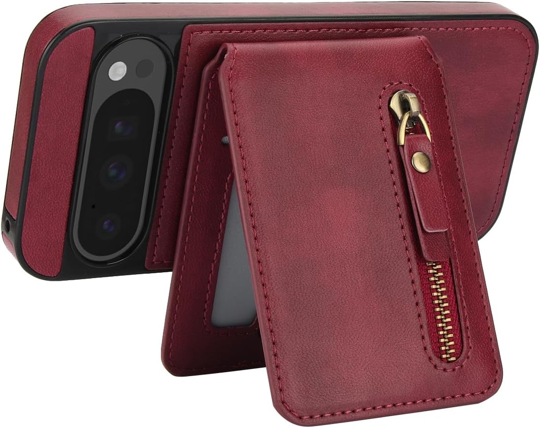 iTape Magnetic card holder phone case suitable for Google Pixel 9, zipper magnetic split magnetic wallet with adjustable bracket Purple