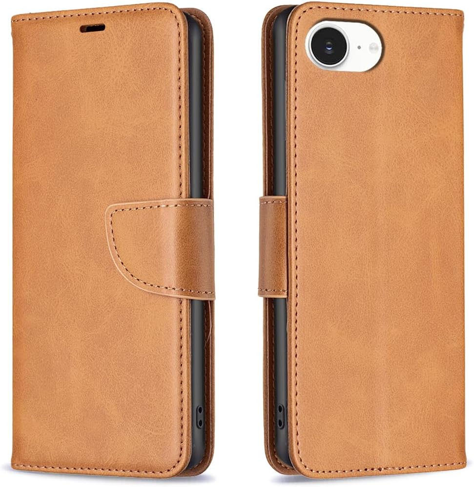 Solid lambskin leather phone case for iPhone 16E, snap wallet style case, flip stand shock protection Yellow