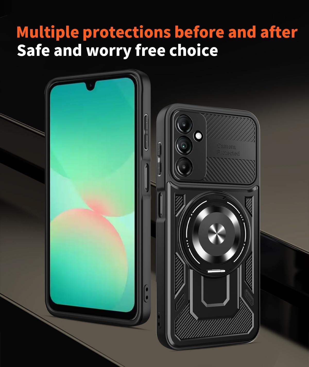 iTape Hard Plated PC Armor Cover for Samsung Galaxy A26 with 360° Rotating Metal Ring Strong Magnetic Car Mount Phone Case Support wireless charging