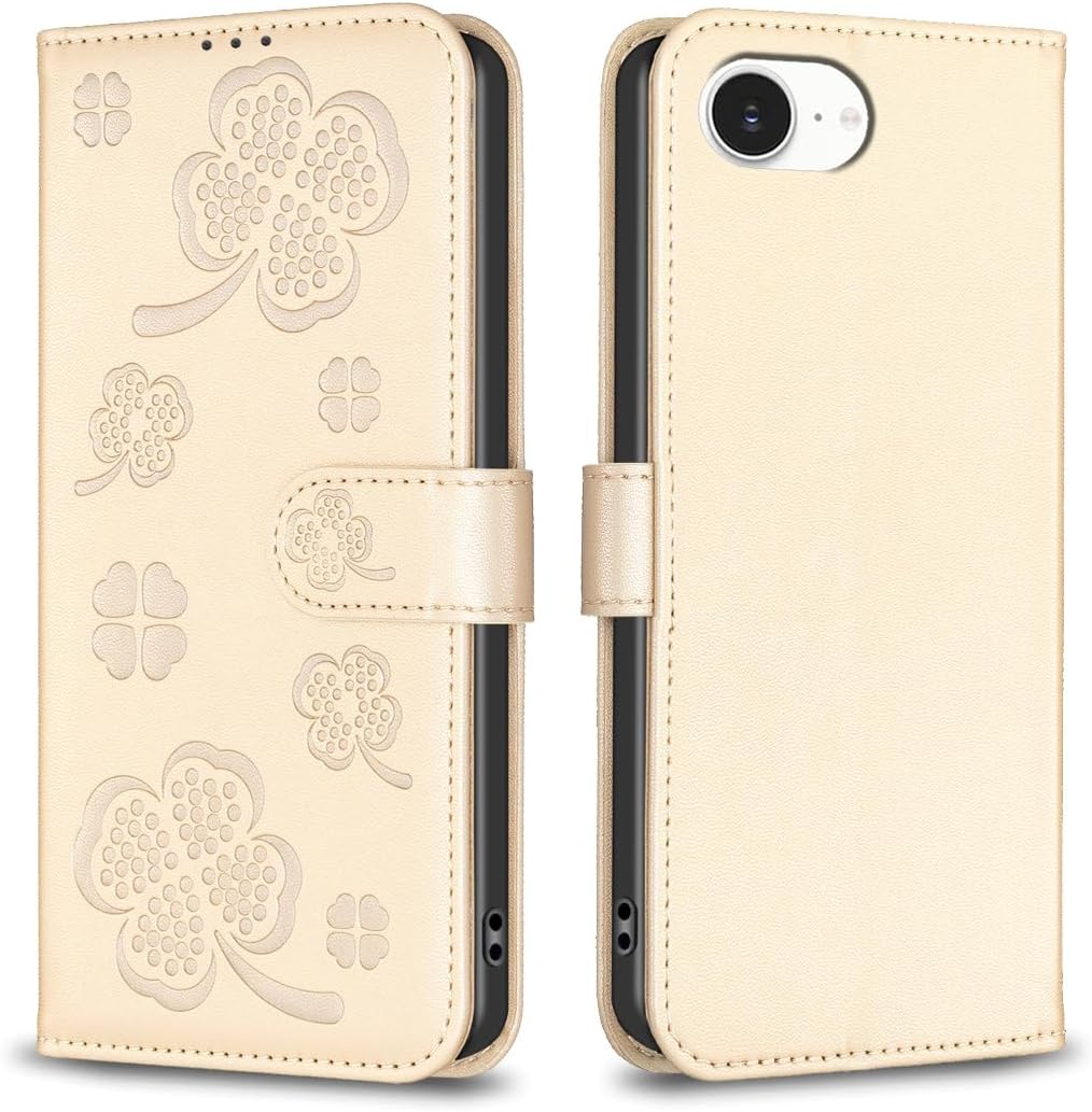 Wallet Leather Case for iPhone 16E, Embossed Four Leaf Clover Design, Magnetic Snap Wallet Case, Flip Shockproof Case Pink