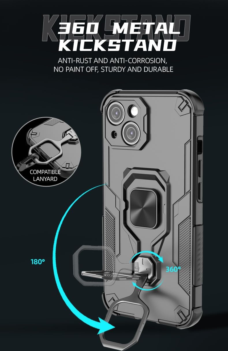Magnetic bracket mobile phone case for iPhone 13, military-grade four-corner airbag shockproof protection mobile phone case, 360° metal bracket compatible with finger ring buckle Blue