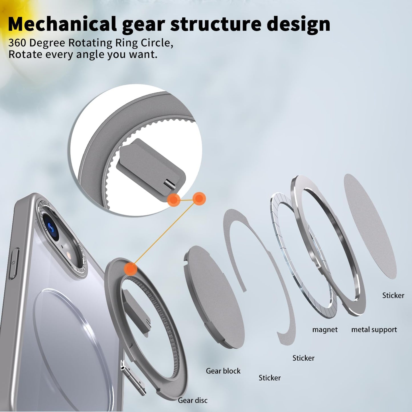 Magnetic phone case for iPhone 16E, mechanical gear 360° rotating bracket supports wireless charging, shockproof ultra-thin shell