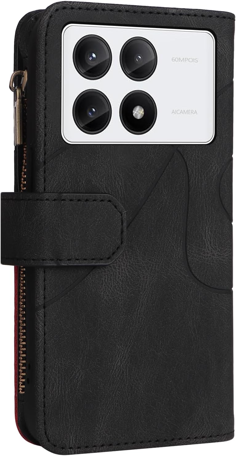 iTape 9 Card Slots Phone Case for Xiaomi POCO X6 PRO 5G, Zipper Wallet, Dual Color Stitching Color Flip Stand Card Slots Cash Clip Shockproof, Wrist Strap Black