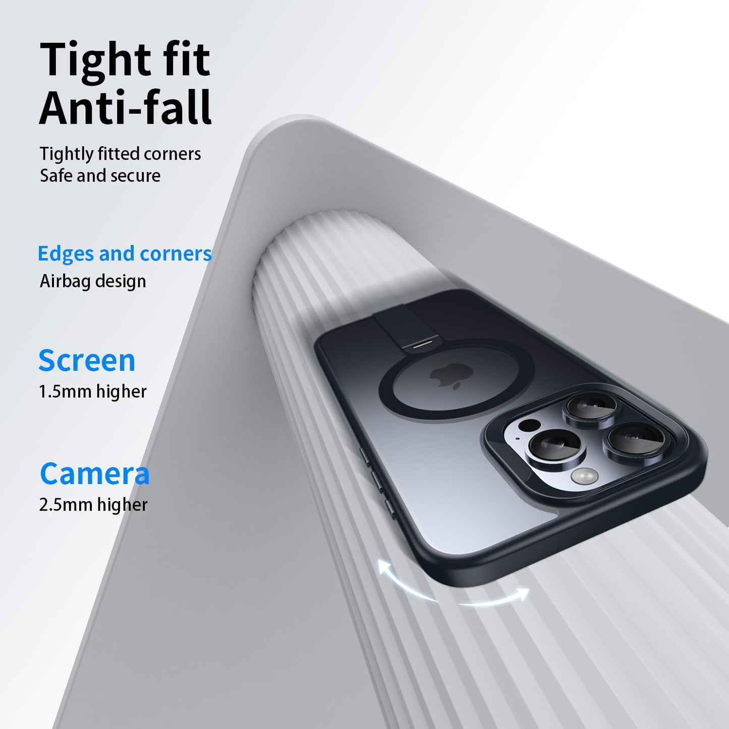Magnetic phone case for iPhone 15 Pro max, supports wireless charging, 360° rotating invisible bracket, military-grade anti-drop protection Black