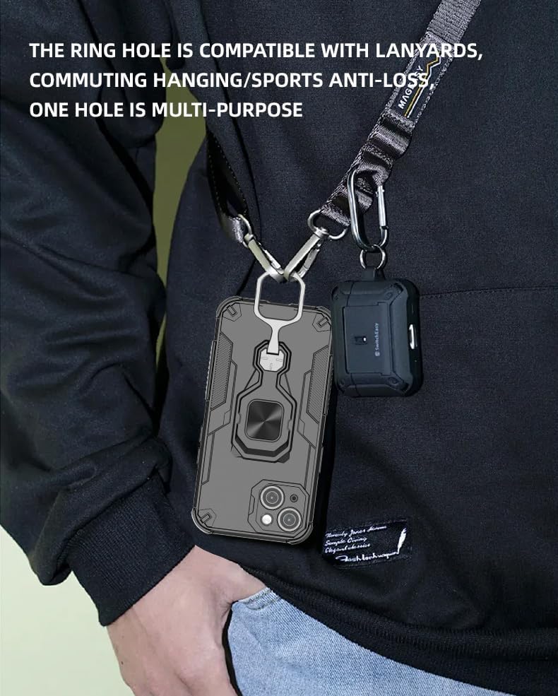 Magnetic bracket mobile phone case for iPhone 13, military-grade four-corner airbag shockproof protection mobile phone case, 360° metal bracket compatible with finger ring buckle Blue