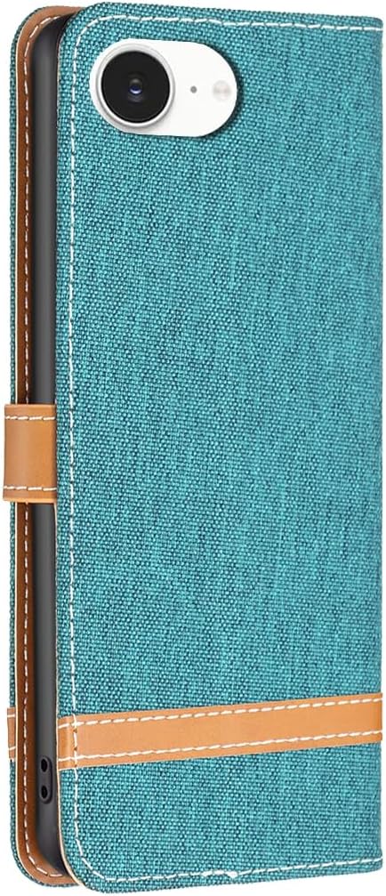 Colorblock Denim Wallet Phone Case for iPhone 16E, Wallet Phone Case Flip Stand, Credit Card Slot Wallet Wrist strap Green