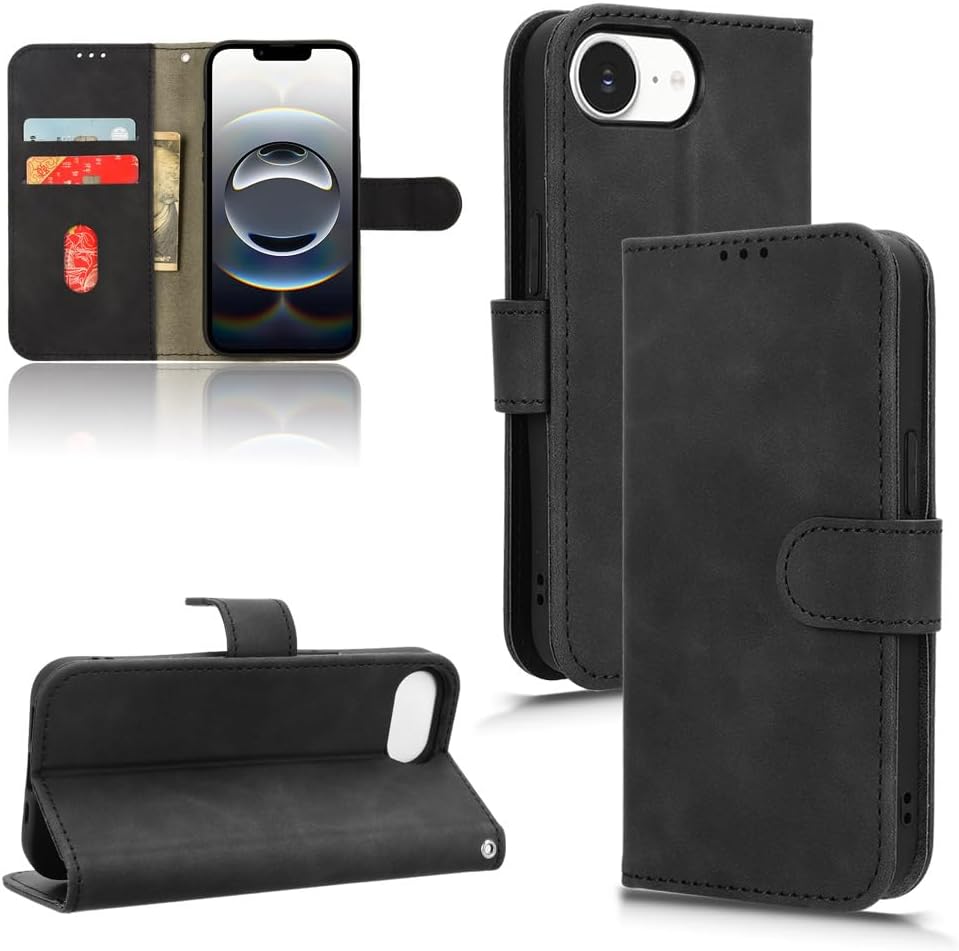 Mobile phone case compatible with iPhone 16E. Soft touch flip holder credit card slot wallet phone case, shockproof and drop-proof Green