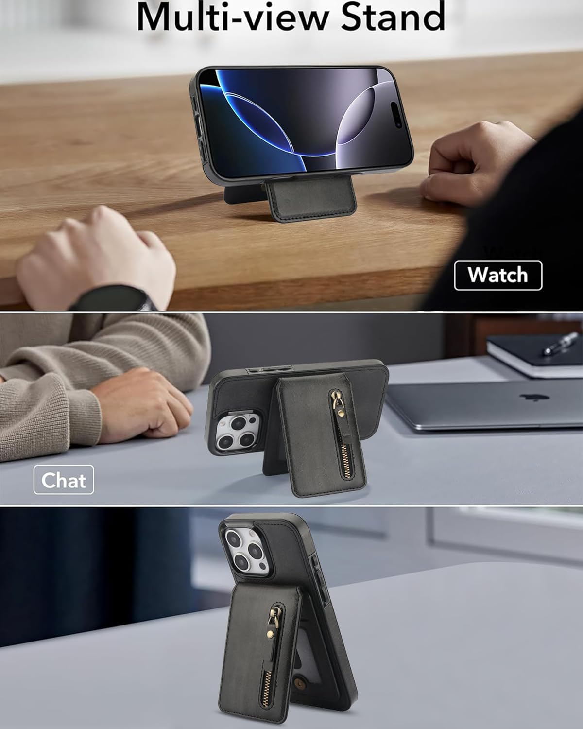 Magnetic card holder phone case suitable for iPhone 16 Pro, zipper magnetic split magnetic wallet with adjustable bracket Brown
