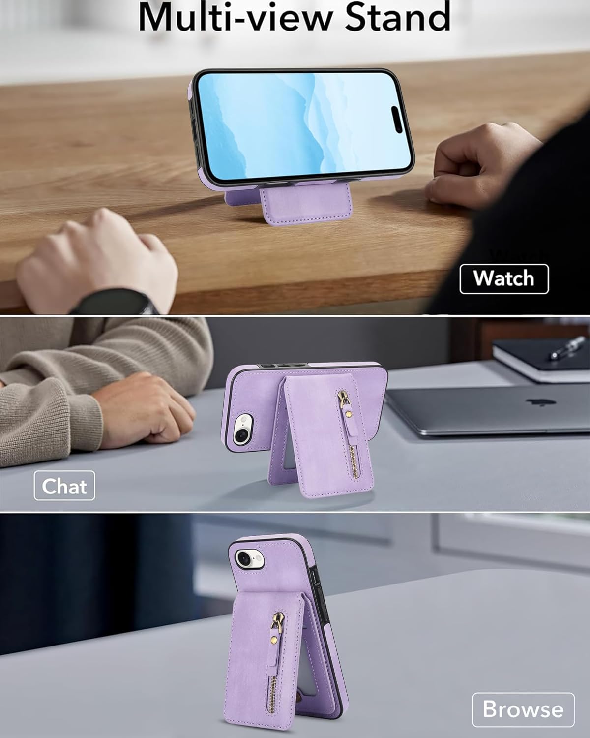 Magnetic card holder phone case suitable for iPhone 16E, zipper magnetic split magnetic wallet with adjustable bracket