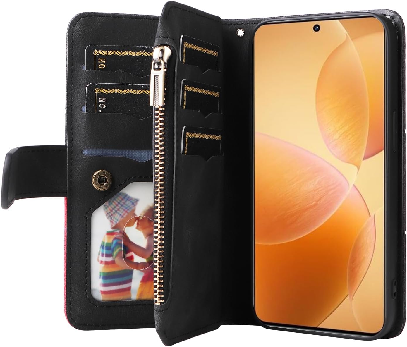 iTape 9 Card Slots Phone Case for Xiaomi POCO X6 PRO 5G, Zipper Wallet, Dual Color Stitching Color Flip Stand Card Slots Cash Clip Shockproof, Wrist Strap Black