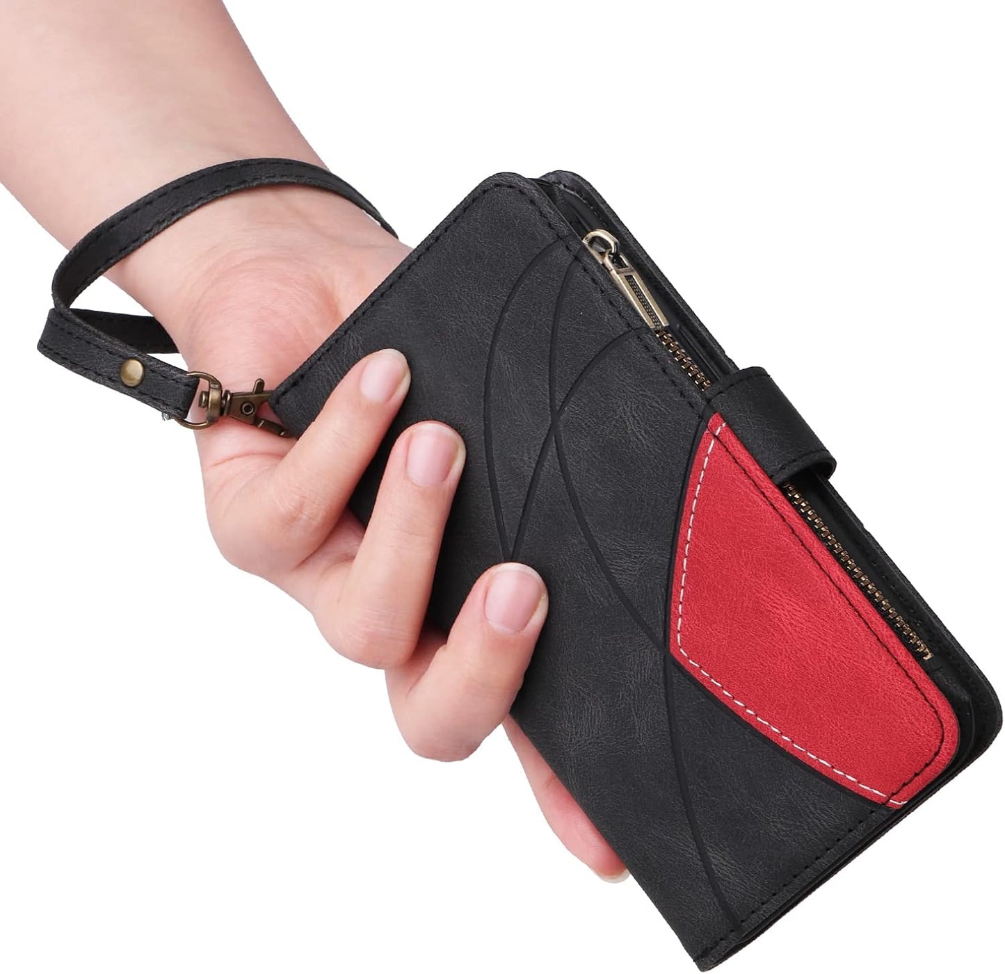 iTape 9 Card Slots Phone Case for Xiaomi POCO X6 PRO 5G, Zipper Wallet, Dual Color Stitching Color Flip Stand Card Slots Cash Clip Shockproof, Wrist Strap Black