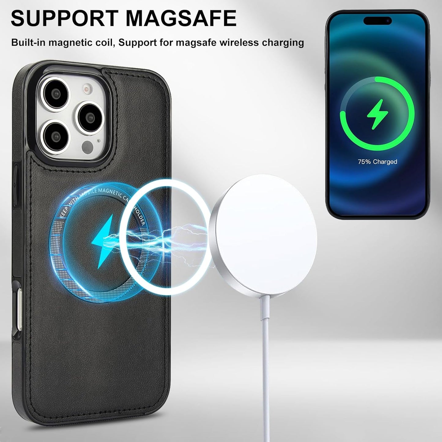 Magnetic card holder phone case suitable for iPhone 16 Pro, zipper magnetic split magnetic wallet with adjustable bracket Brown