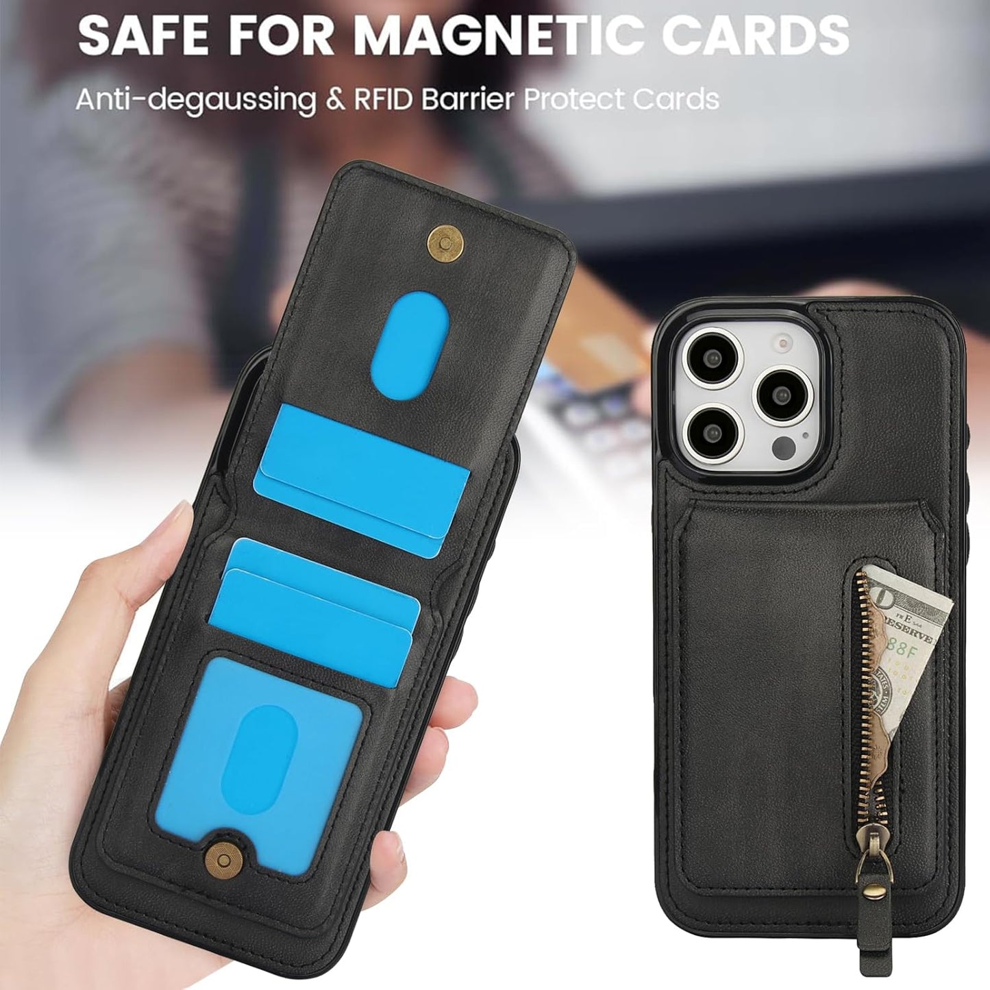 Magnetic card holder phone case suitable for iPhone 16 Pro, zipper magnetic split magnetic wallet with adjustable bracket Brown