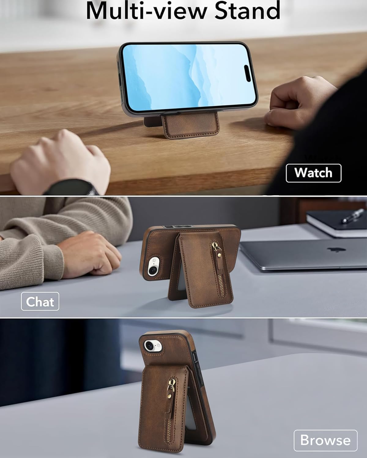 Magnetic card holder phone case suitable for iPhone 16E, zipper magnetic split magnetic wallet with adjustable bracket