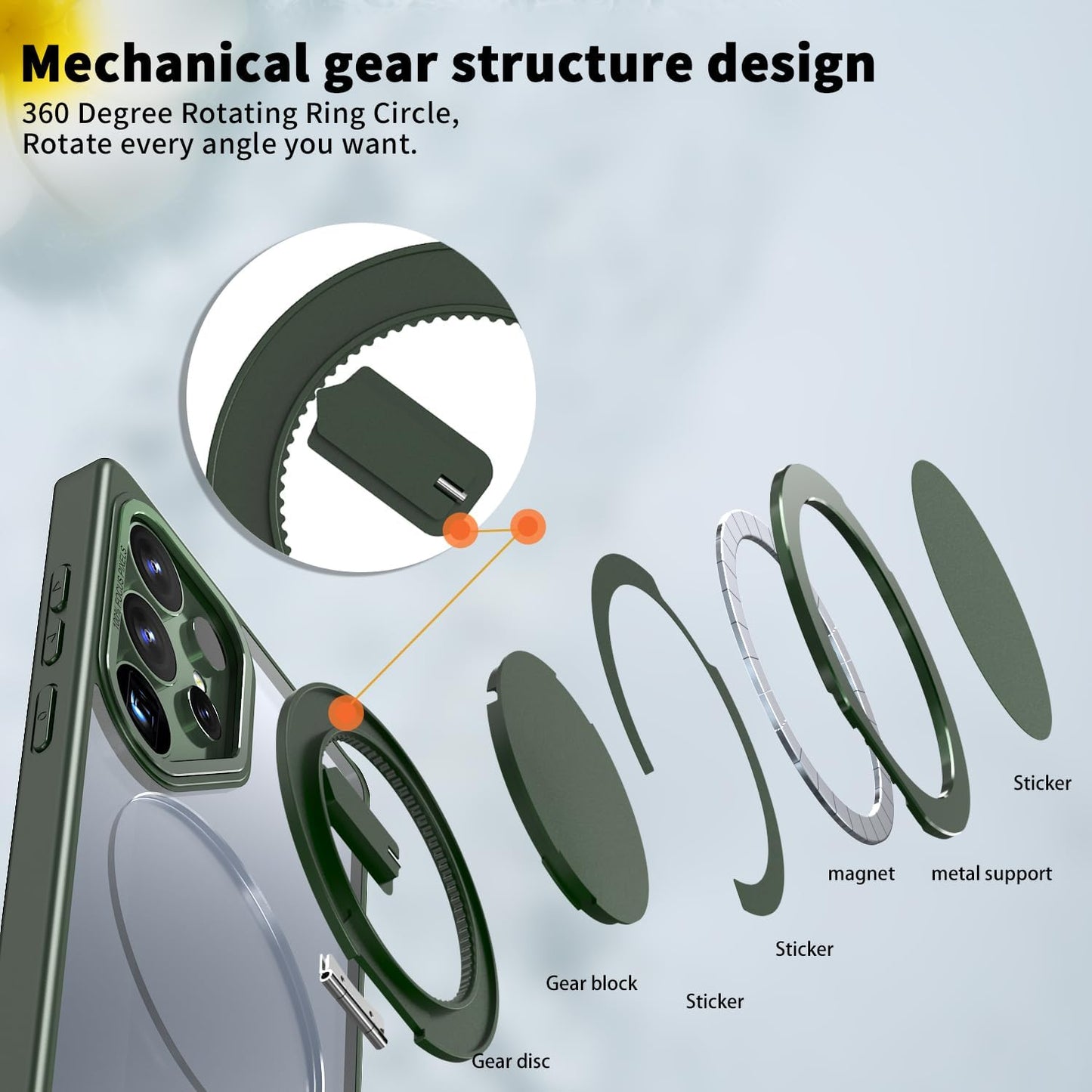 iTape Magnetic phone case for Samsung Galaxy S25 Ultra, mechanical gear 360° rotating bracket supports wireless charging, shockproof ultra-thin shell Gray