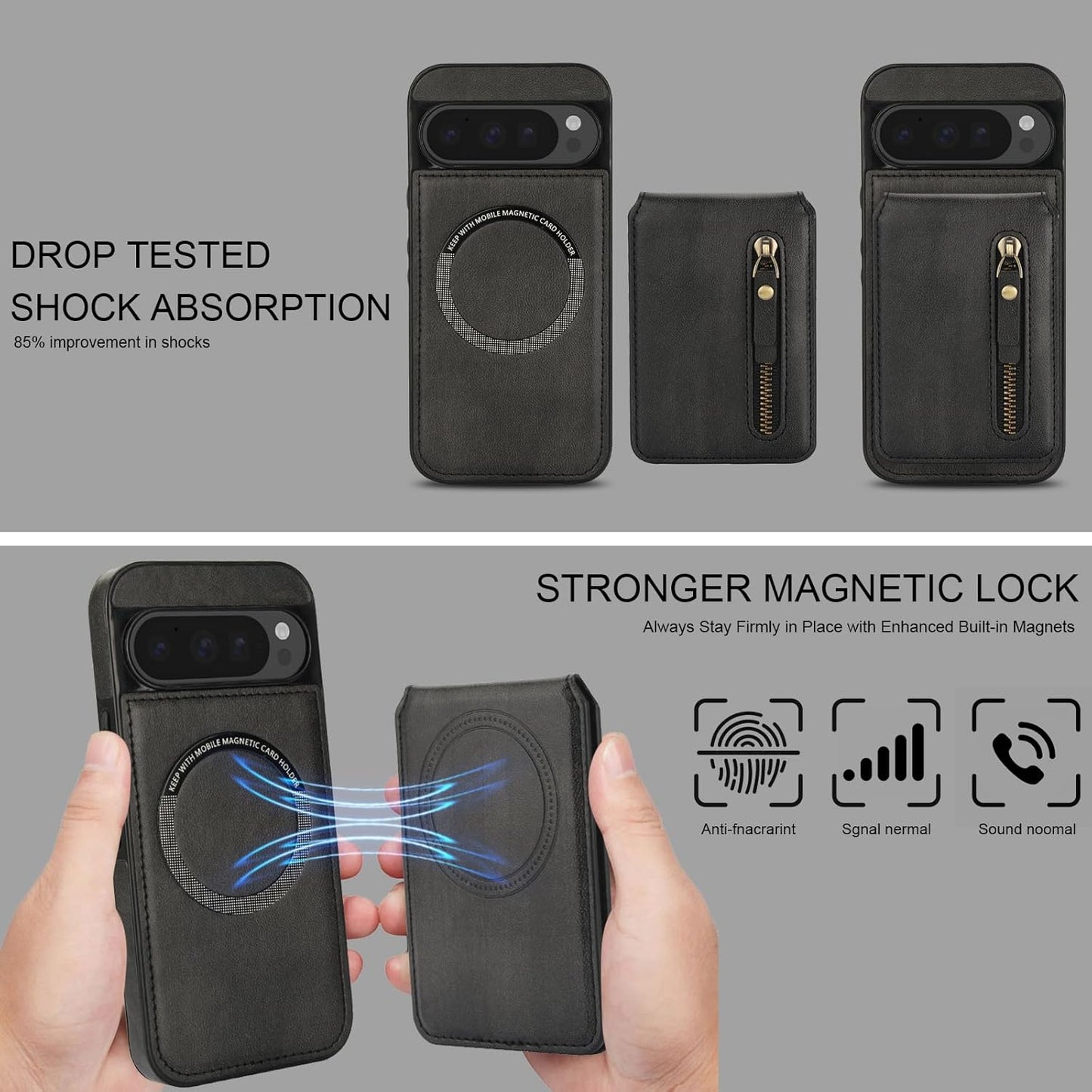 iTape Magnetic card holder phone case suitable for Google Pixel 9, zipper magnetic split magnetic wallet with adjustable bracket Purple