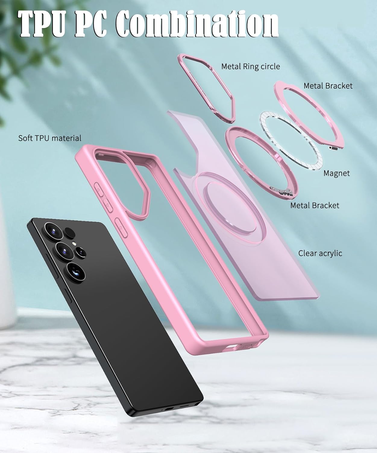 iTape Magnetic phone case for Samsung Galaxy S25 Ultra, 360° rotating bracket supports wireless charging, shockproof ultra-thin shell Pink