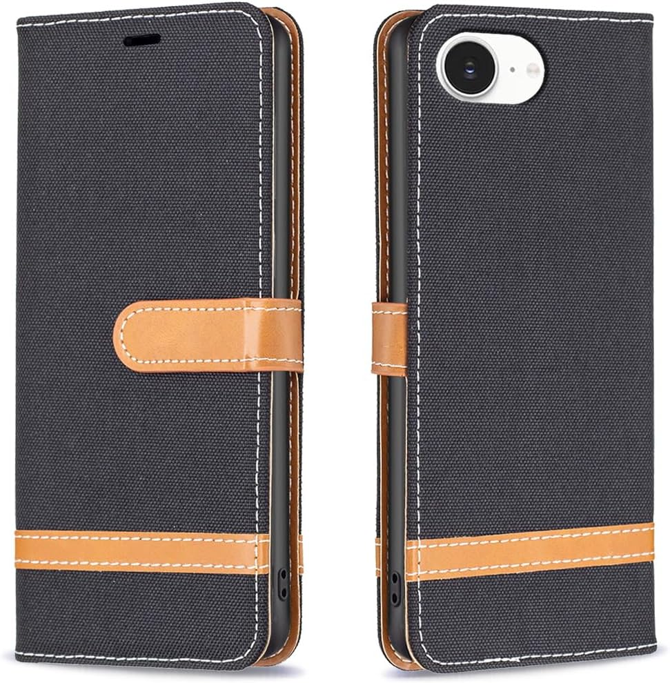 Colorblock Denim Wallet Phone Case for iPhone 16E, Wallet Phone Case Flip Stand, Credit Card Slot Wallet Wrist strap Green