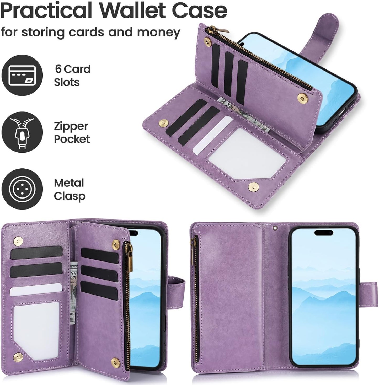 Orchid Butterfly Phone Case for iPhone 16 with Multiple Card Slots Wallet, Magnetic Closure Bracket, Shockproof Protective Phone Case Wristband