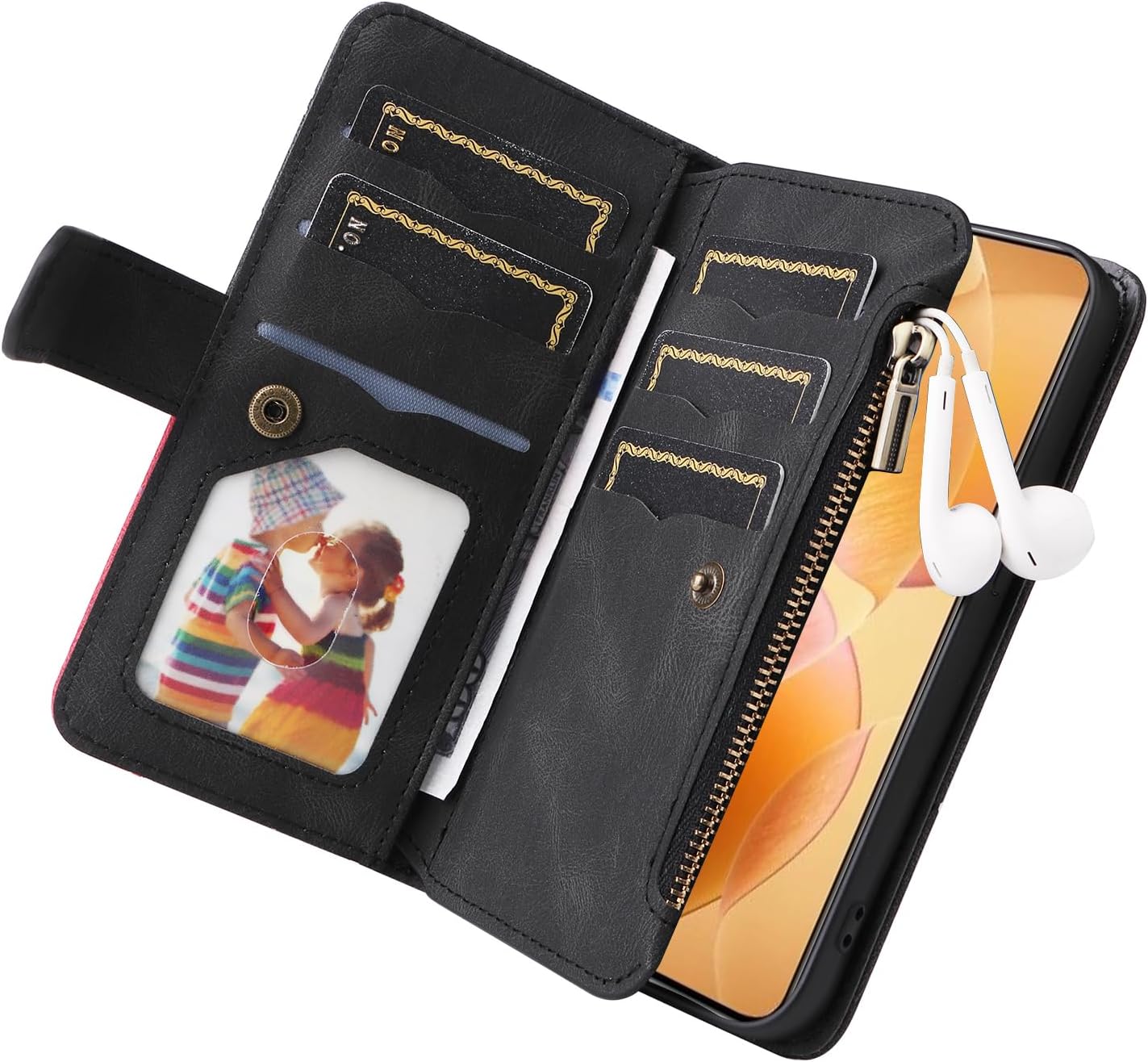 iTape 9 Card Slots Phone Case for Xiaomi POCO X6 PRO 5G, Zipper Wallet, Dual Color Stitching Color Flip Stand Card Slots Cash Clip Shockproof, Wrist Strap Black