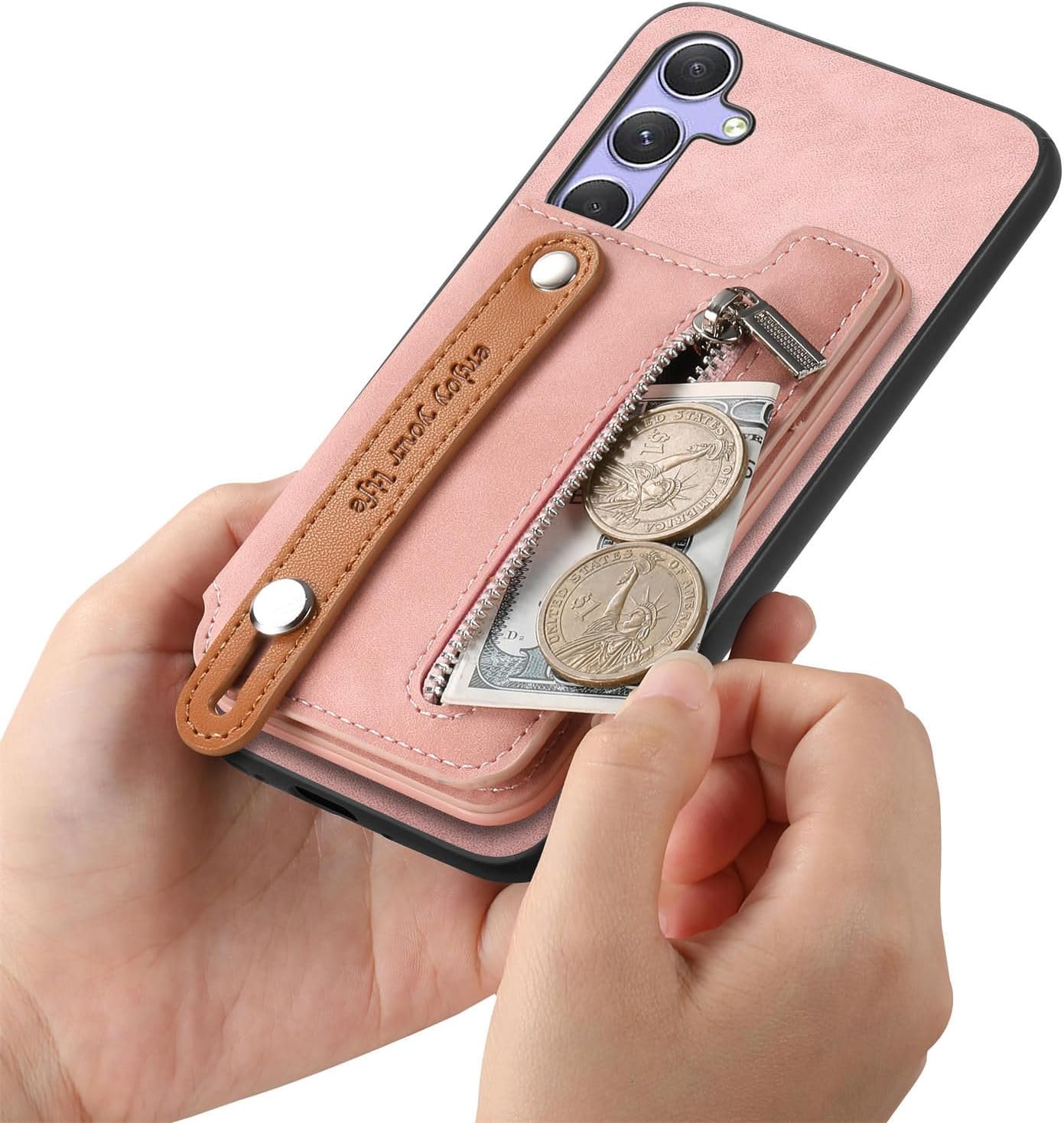 iTape Retro magnetic mobile phone case for Samsung Galaxy S25+, wireless charging magnetic car mount, Card slot, card holder, wrist strap bracket RFID anti-theft card Orange