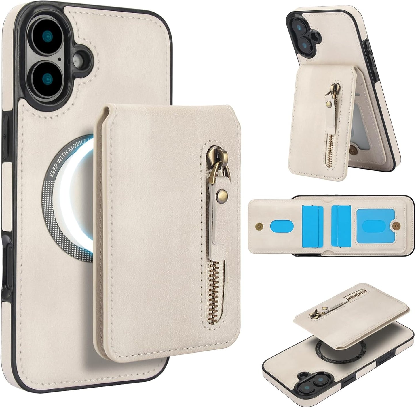Magnetic card holder phone case suitable for iPhone 16, zipper magnetic split magnetic wallet with adjustable bracket Red