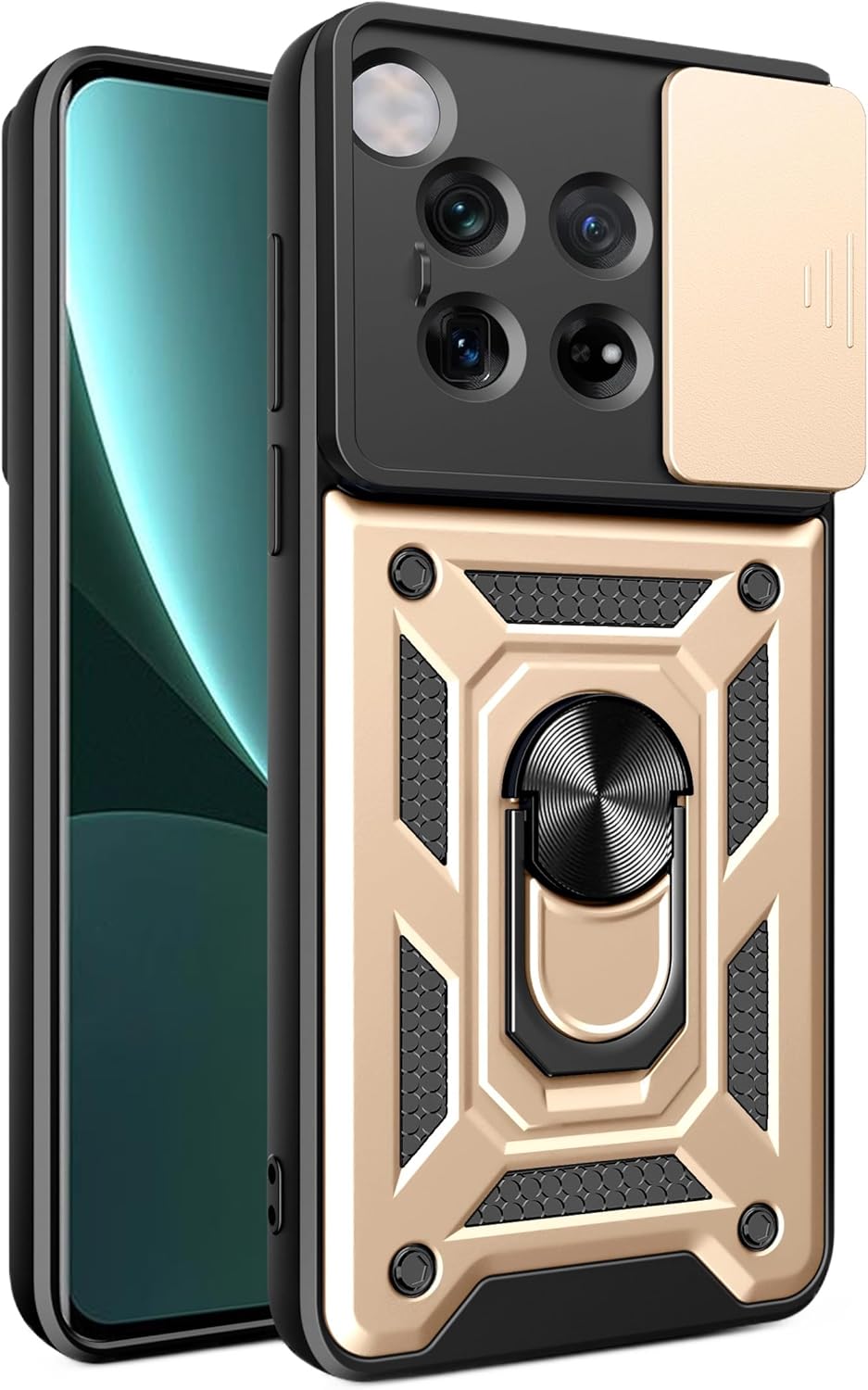 iTape Shockproof phone case for one plus 12 5G, with sliding window back cover, ring buckle holder, magnetic phone case car mount zhij Rose Gold