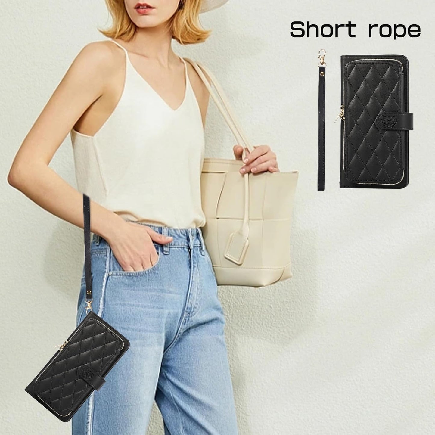 iTape Diamond Wallet Case for Google Pixel 8, Flip Leather Stand, Wrist Strap, Magnetic Closure, Shockproof Case Coin Purse Card Holder, Crossbody Strap Black