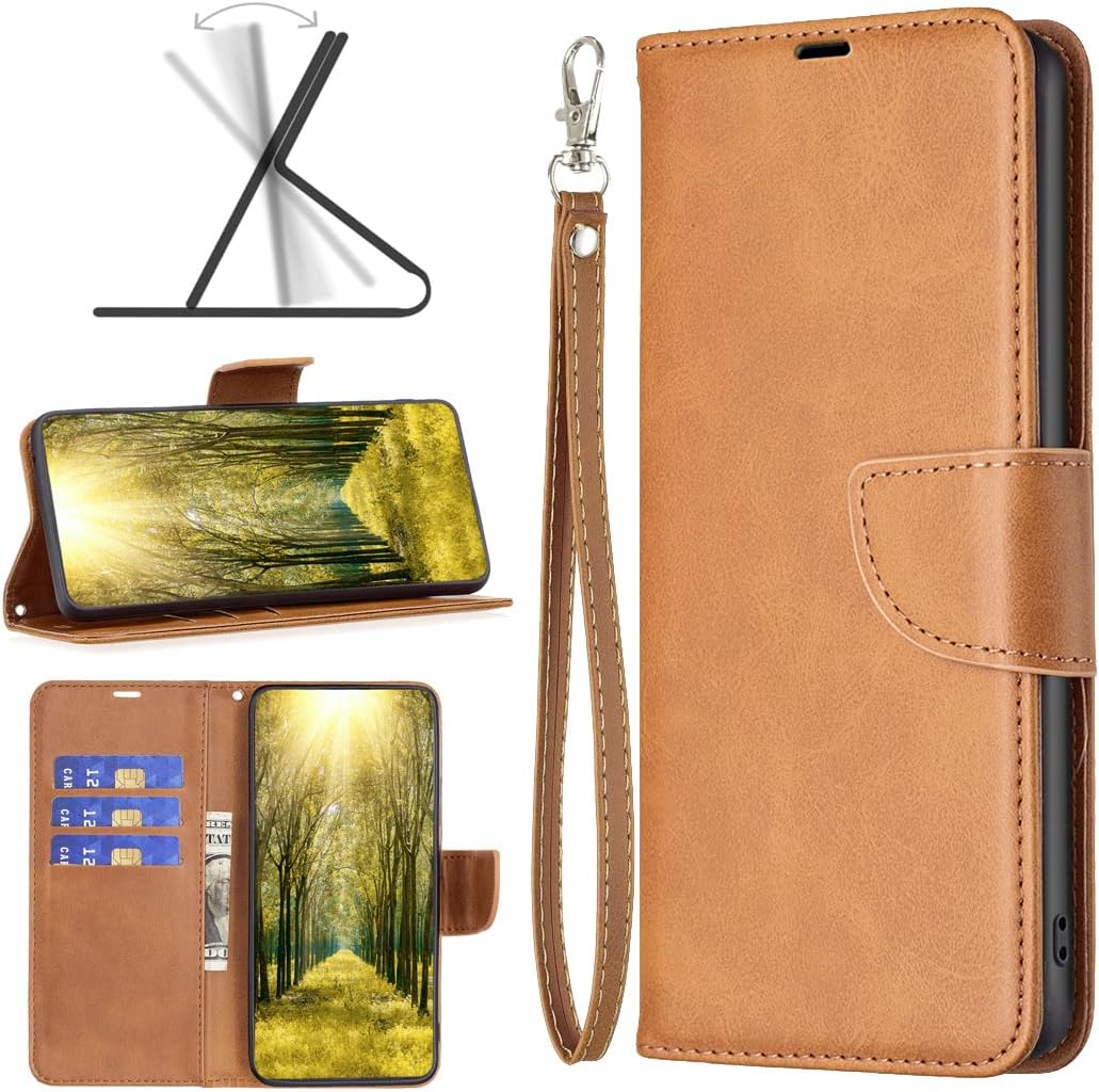 iTape Solid lambskin leather phone case for Samsung Galaxy S25 Edge, snap wallet style case, flip stand shock protection Brown