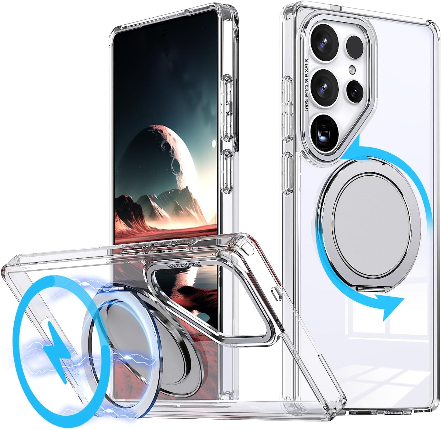 iTape Magnetic phone case for Samsung Galaxy S25 Ultra, mechanical gear 360° rotating bracket supports wireless charging, shockproof ultra-thin shell Gray