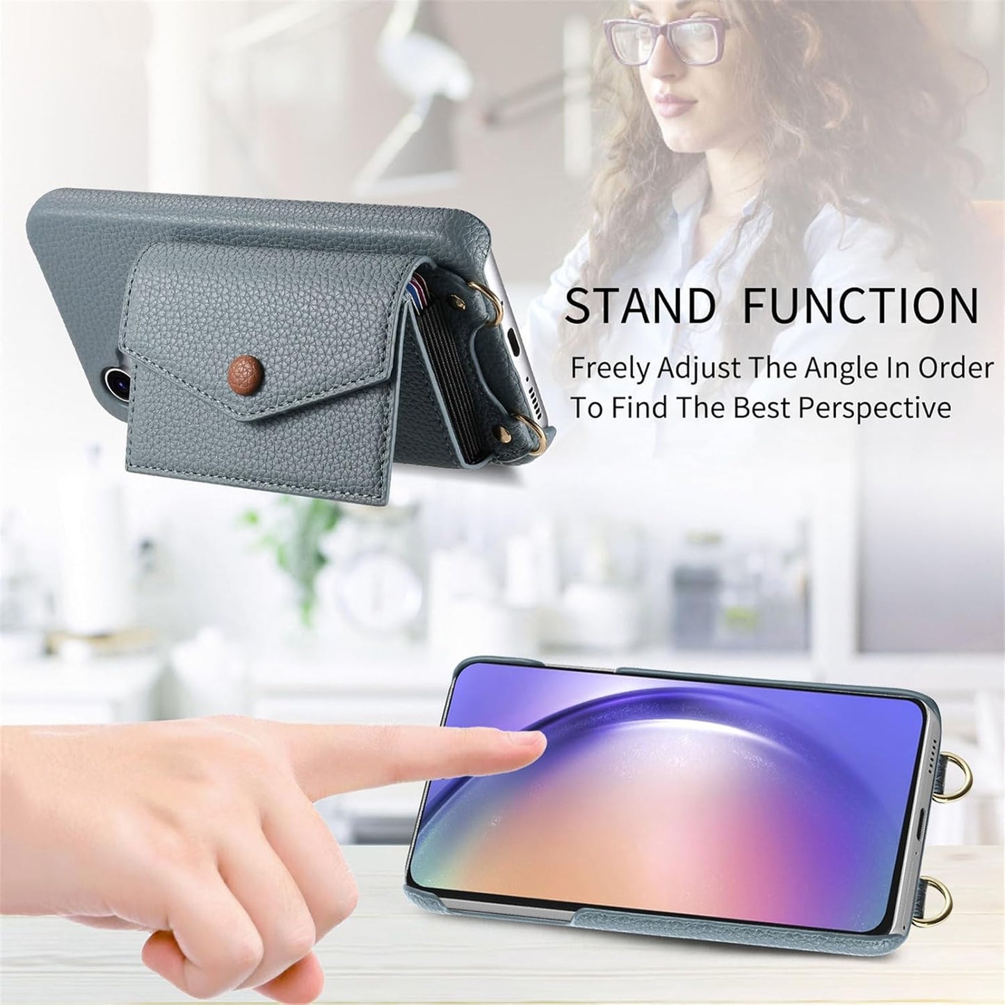 iTape Card Holder Wallet Phone Case for Samsung Galaxy A55, Shockproof Ultra-thin Phone Case, Makeup Mirror with Crossbody Strap Pink