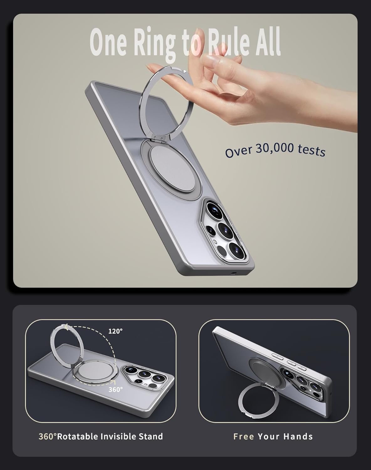 iTape Magnetic phone case for Samsung Galaxy S25 Ultra, mechanical gear 360° rotating bracket supports wireless charging, shockproof ultra-thin shell Gray