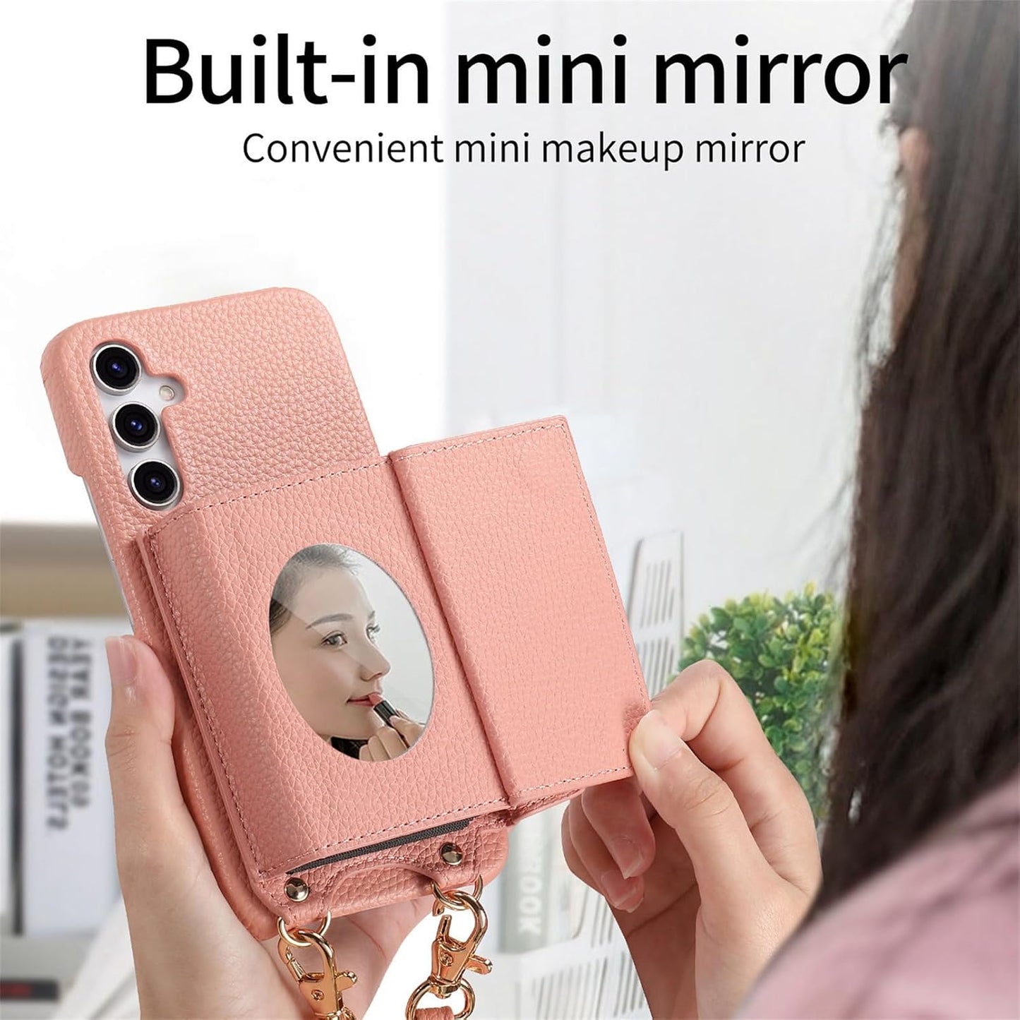 iTape Card Holder Wallet Phone Case for Samsung Galaxy A55, Shockproof Ultra-thin Phone Case, Makeup Mirror with Crossbody Strap Pink