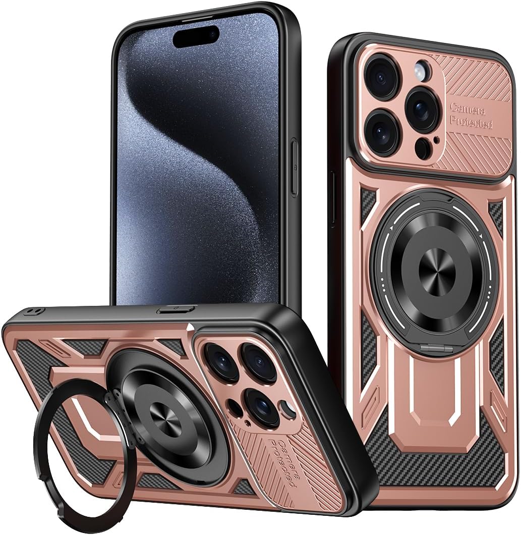 Hard Plated PC Armor Cover for iPhone 15 Pro max with 360° Rotating Metal Ring Strong Magnetic Car Mount Phone Case Support wireless charging Gray