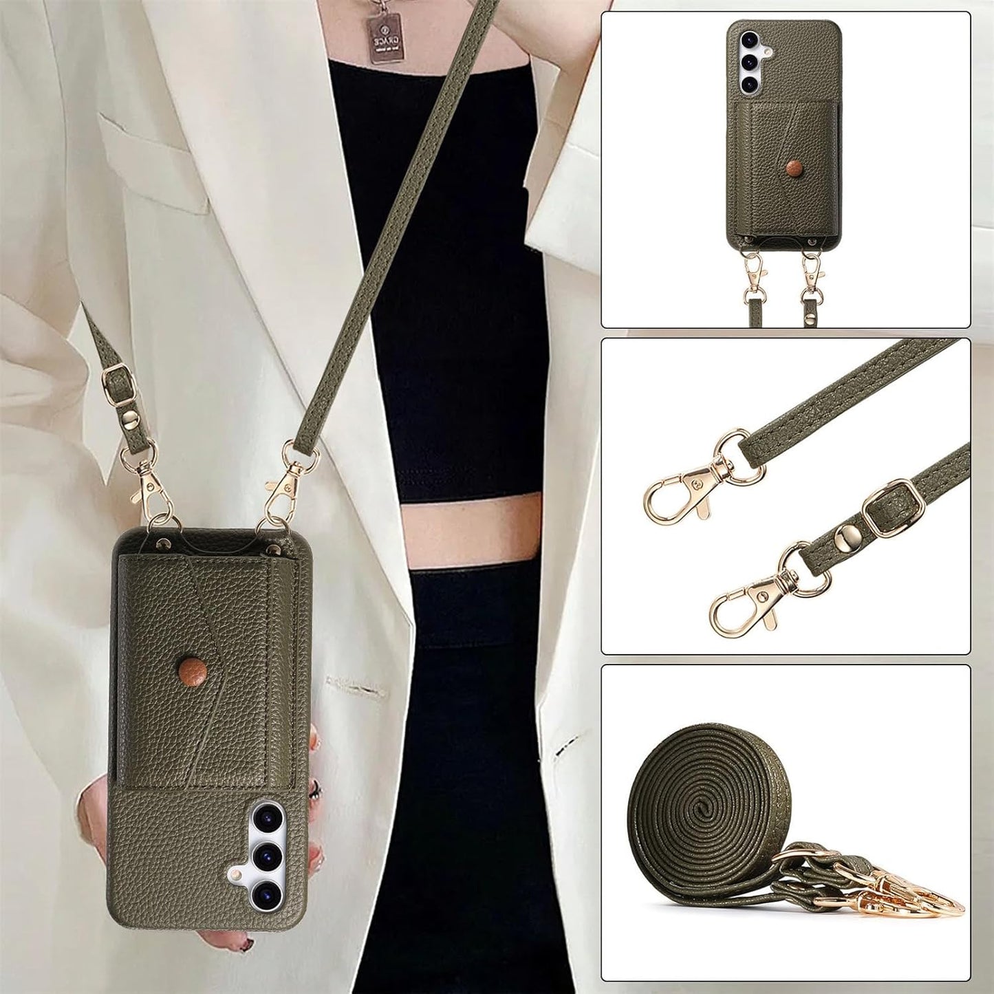 iTape Card Holder Wallet Phone Case for Samsung Galaxy A54 5G, Shockproof Ultra-thin Phone Case, Makeup Mirror with Crossbody Strap Brown