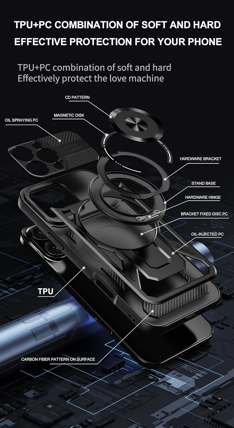 Hard Plated PC Armor Cover for iPhone 16 Pro max with 360° Rotating Metal Ring Strong Magnetic Car Mount Phone Case Support wireless charging Gray
