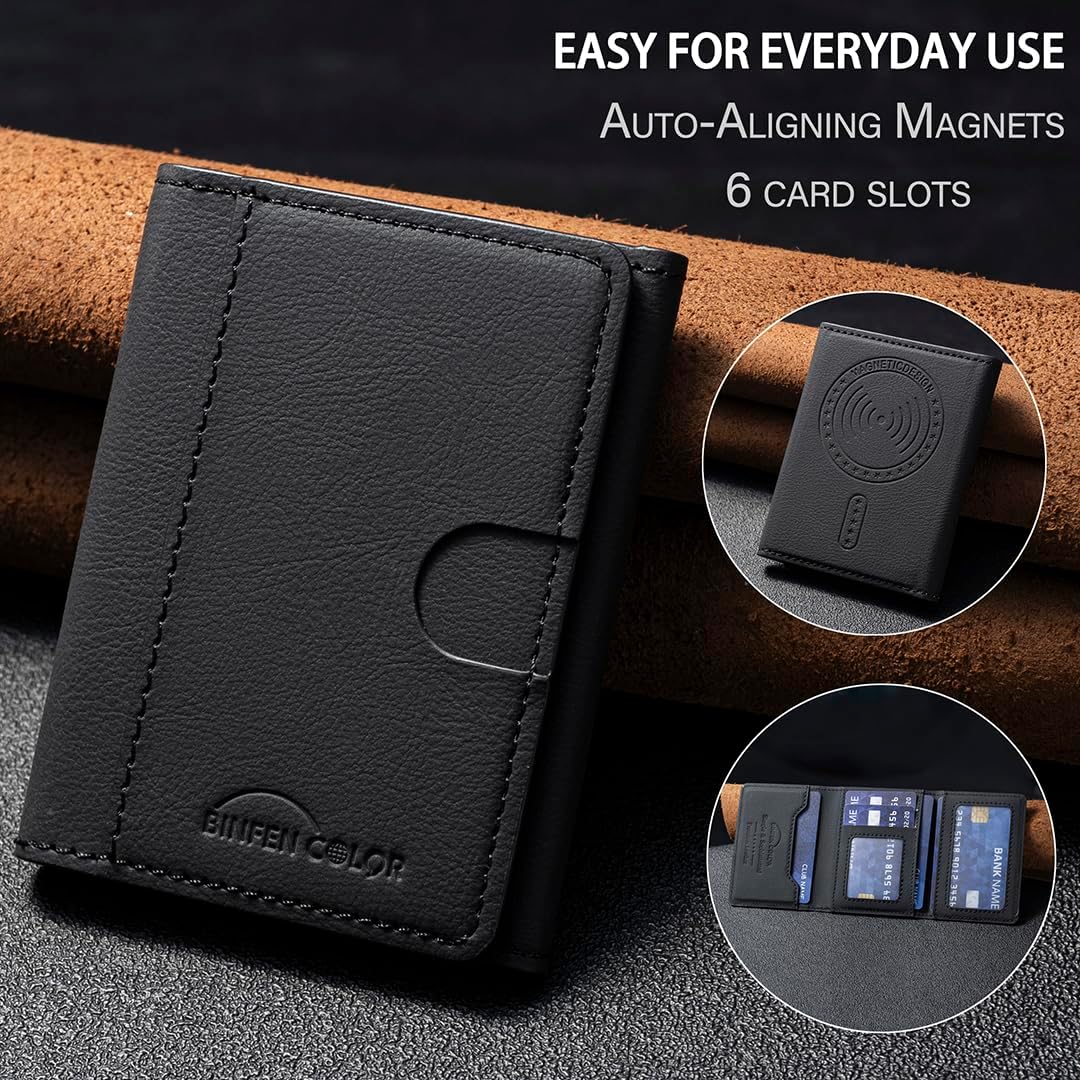 iTape Leather Magnetic Phone Wallet Compatible with Various Phone Models Android and iOS, Solid Color Magnetic Card Holder Ultra-thin Trifold Wallet Card Holder Flip Stand Red