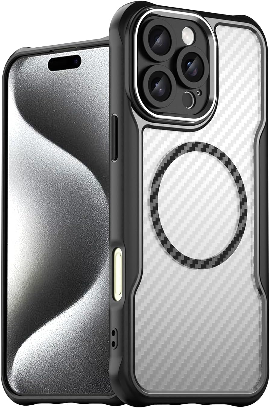 Magnetic carbon fibre case for iPhone 16 Pro max, support wireless charging, carbon fibre shockproof slim case Black
