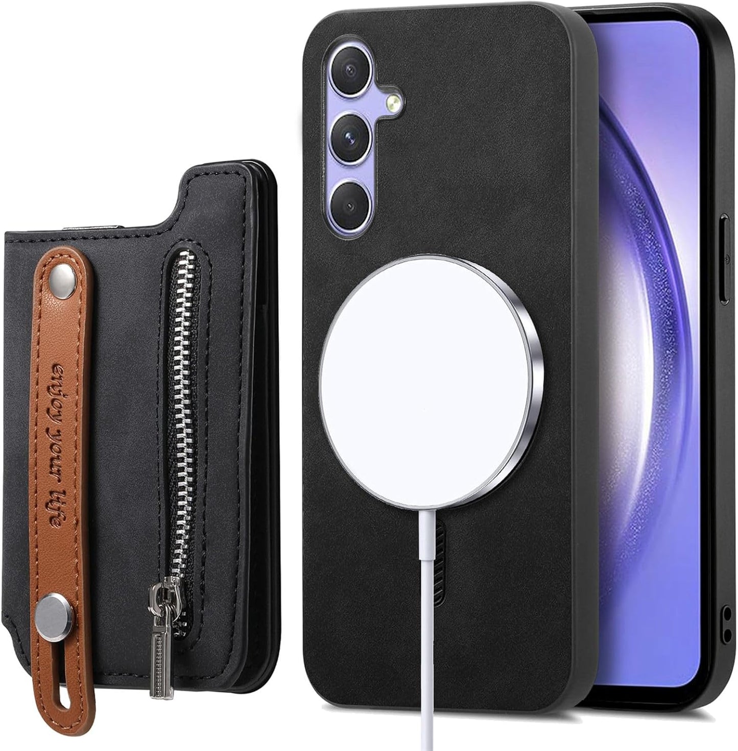 iTape Retro magnetic mobile phone case for Samsung Galaxy S25+, wireless charging magnetic car mount, Card slot, card holder, wrist strap bracket RFID anti-theft card Orange