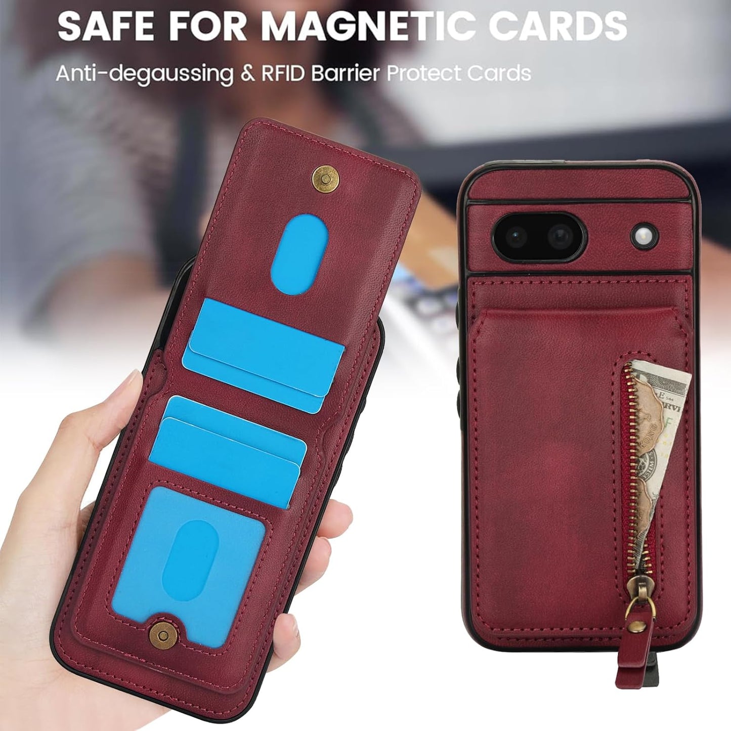 iTape Magnetic card holder phone case suitable for Google Pixel 8A, zipper magnetic split magnetic wallet with adjustable bracket Black