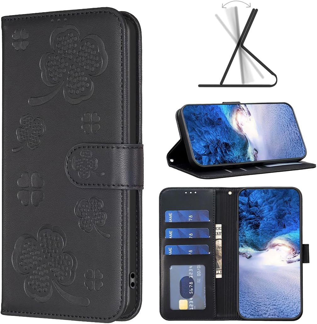 Wallet Leather Case for iPhone 16E, Embossed Four Leaf Clover Design, Magnetic Snap Wallet Case, Flip Shockproof Case Pink
