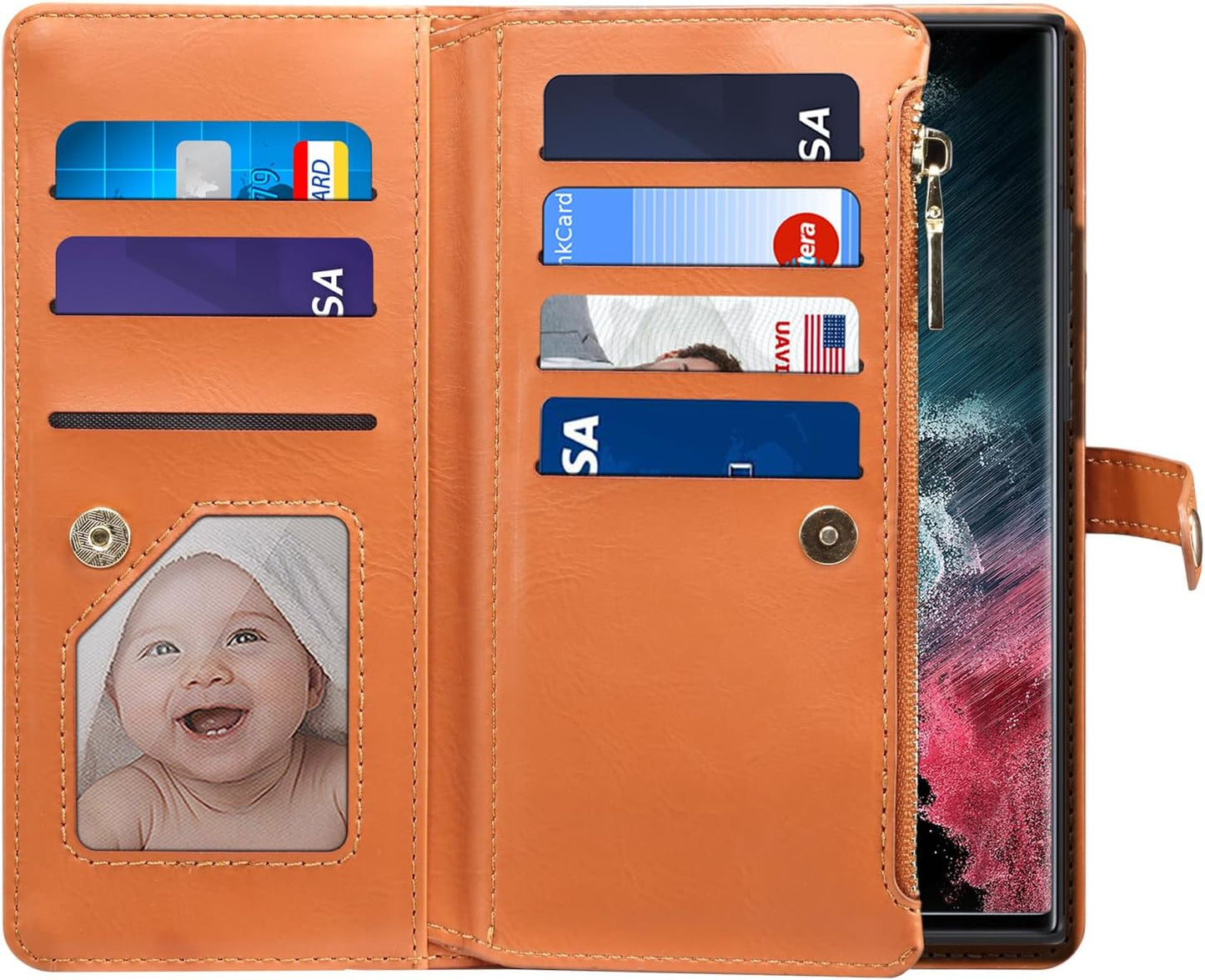 iTape Wallet case for Samsung Galaxy S24 Ultra, card slot photo frame flip stand phone protective case (RFID anti-theft brush) with wrist strap, cross-body strap Orange