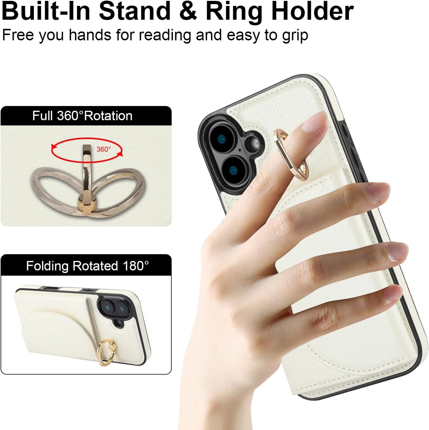 Tri-fold wallet case for iPhone 16 Plus, 360° rotating ring buckle stand, shockproof phone case coin purse card holder Black