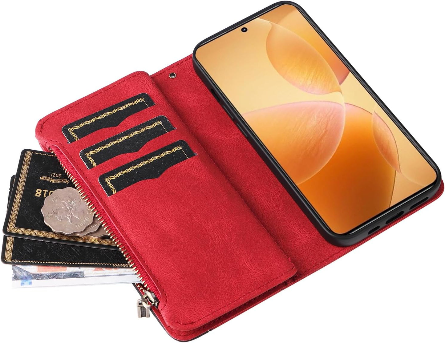 iTape 9 Card Slots Phone Case for Xiaomi POCO X6 PRO 5G, Zipper Wallet, Dual Color Stitching Color Flip Stand Card Slots Cash Clip Shockproof, Wrist Strap Black