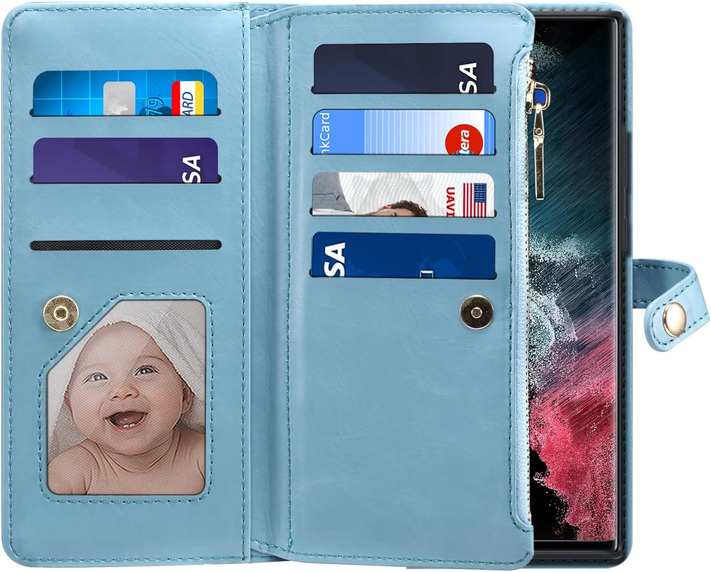 iTape Wallet case for Samsung Galaxy S24 Ultra, card slot photo frame flip stand phone protective case (RFID anti-theft brush) with wrist strap, cross-body strap Orange