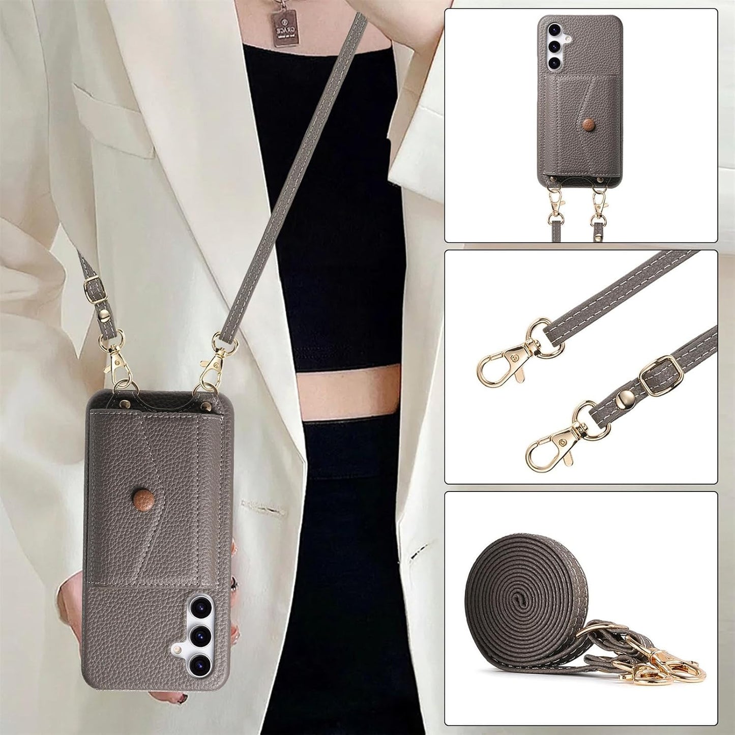iTape Card Holder Wallet Phone Case for Samsung Galaxy A54 5G, Shockproof Ultra-thin Phone Case, Makeup Mirror with Crossbody Strap Brown