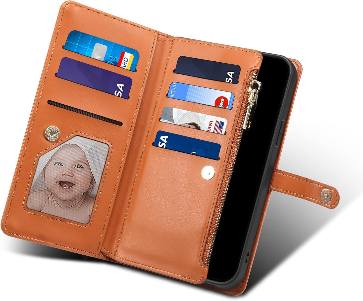 iTape Wallet case for Samsung Galaxy S24 Ultra, card slot photo frame flip stand phone protective case (RFID anti-theft brush) with wrist strap, cross-body strap Orange