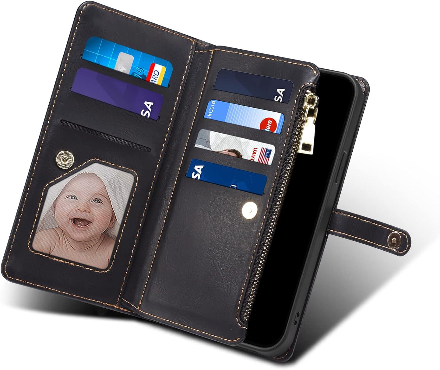 iTape Wallet case for Samsung Galaxy S24 Ultra, card slot photo frame flip stand phone protective case (RFID anti-theft brush) with wrist strap, cross-body strap Orange