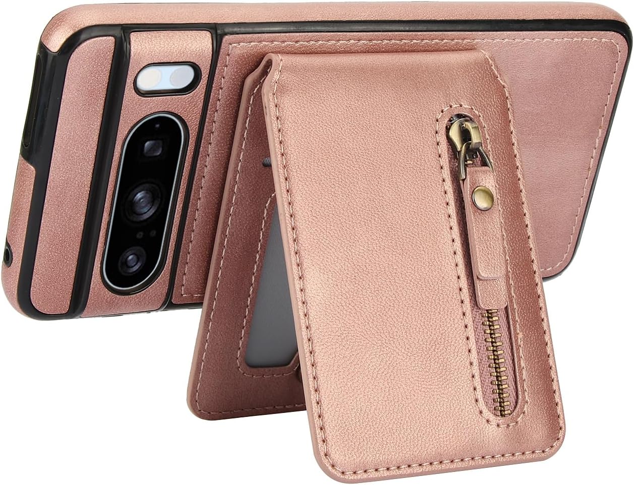 iTape Magnetic card holder phone case suitable for Google Pixel 8 Pro, zipper magnetic split magnetic wallet with adjustable bracket Brown
