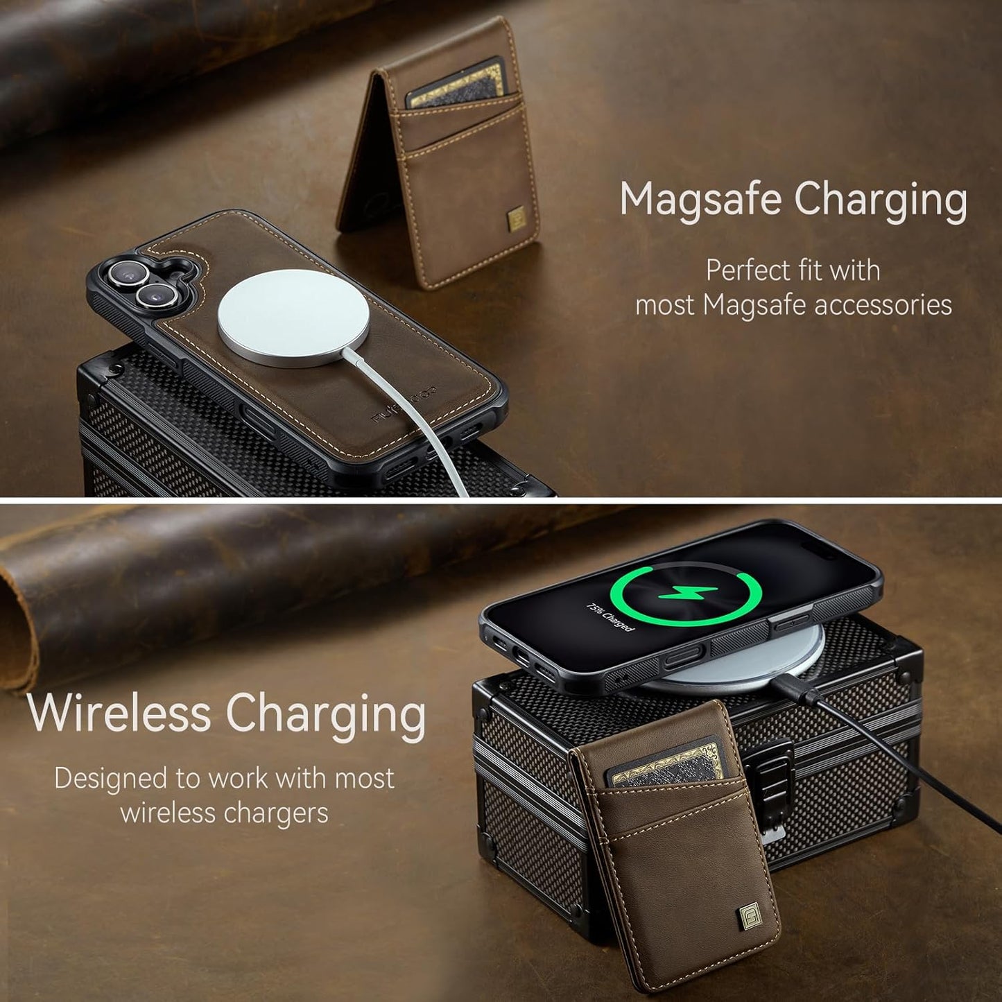 Up and down card holder mobile phone case suitable for iPhone 16 Plus, RFID (anti-theft), supports car magnetic suction function, card slot wallet holder Brown